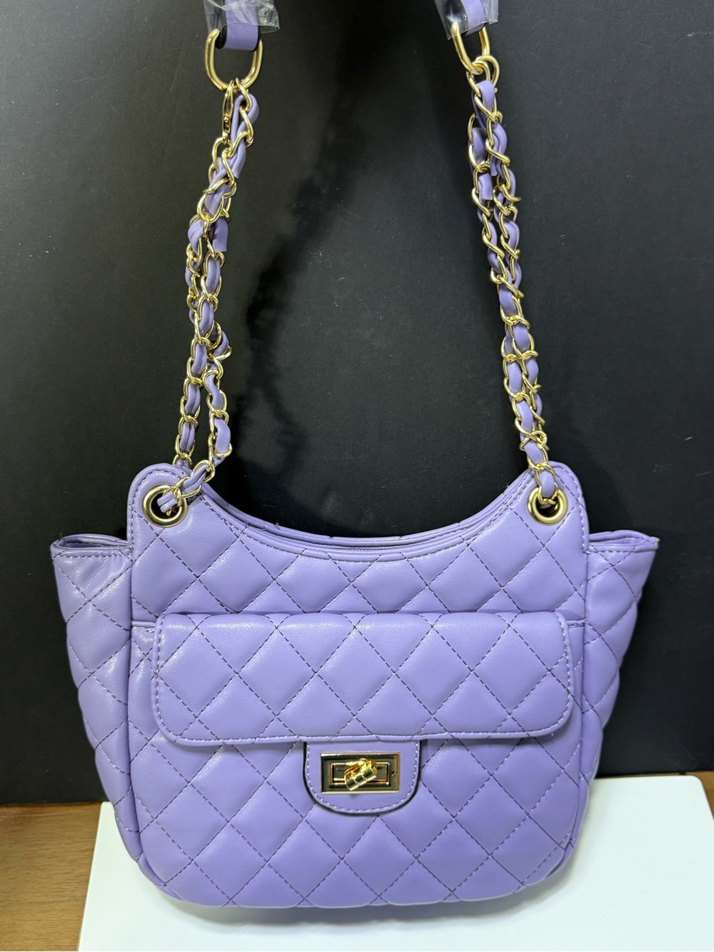 Lavender Quilted Chain-Accent Women's Crossbody Shoulder Bag